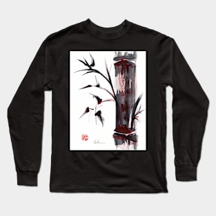 Crimson in the Mist - India ink bamboo wash painting Long Sleeve T-Shirt